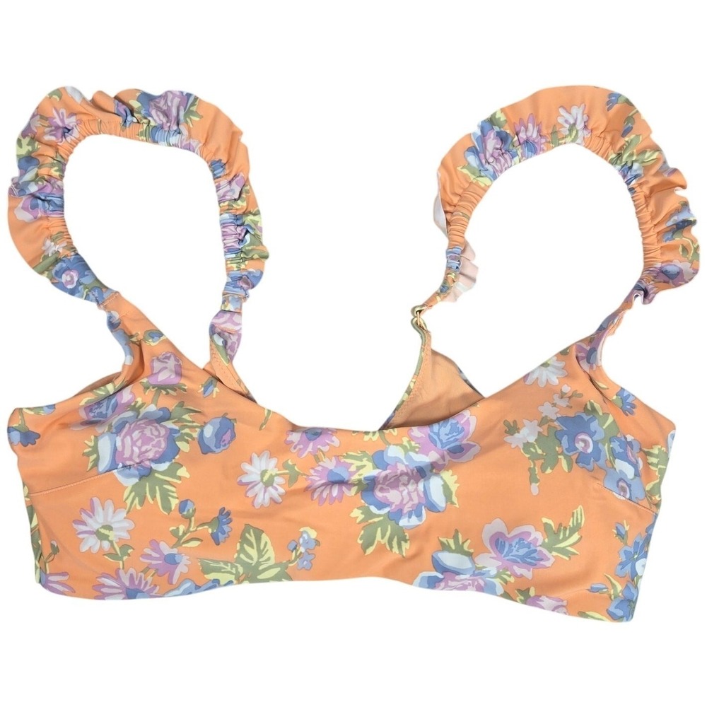 Aerie Floral Printed Ruffle Scoop‎ Bikini Top in Apricot Wash XL NWT